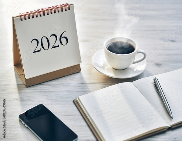 Fototapeta Vision for 2026, a fresh start concept with a desk calendar, hot coffee, and an open journal for setting new year's goals and plans
