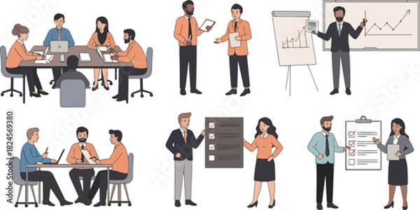 Fototapeta Business Meeting Team Presenting Data and Analyzing Charts in Conference Room