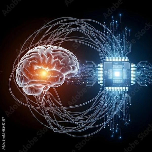 Obraz A brain and circuit board interconnected by a circuit, highlighting the relationship between cognitive functions and technology.