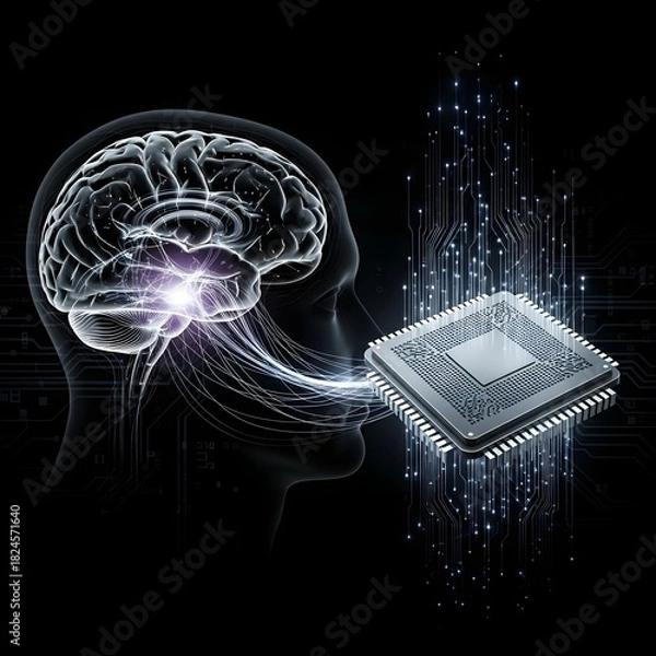 Obraz A human brain connected to a circuit board by a circuit, symbolizing the link between neuroscience and technology.
