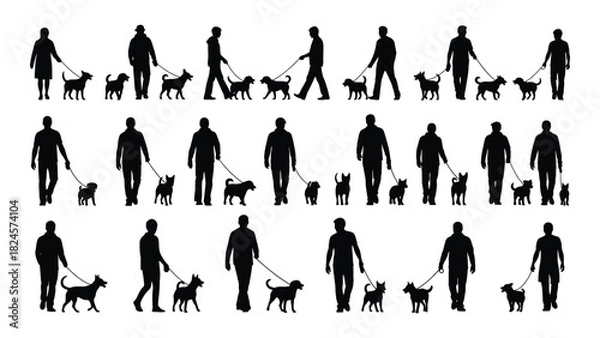 Fototapeta People walking dogs silhouette collection isolated on white background, Vector