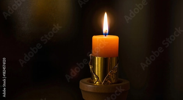 Fototapeta Single orange candle glowing in a decorative holder against a dark background