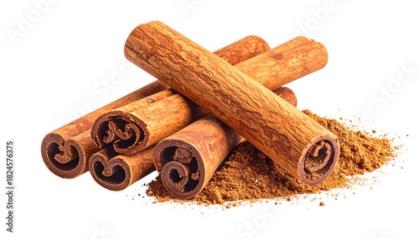 Fototapeta Natural Pile of Whole Cinnamon Sticks – Photorealistic High-Resolution Spice Isolated on White
