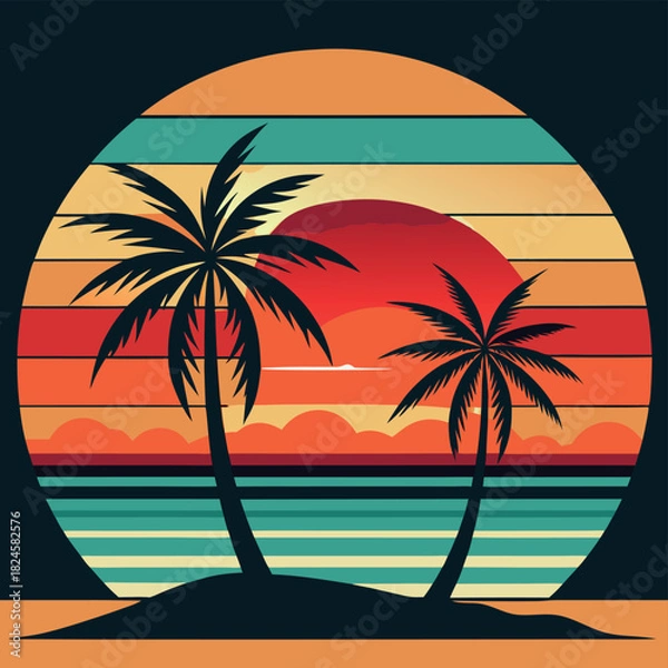 Obraz Retro sunset beach scene with palm tree and beach hut.