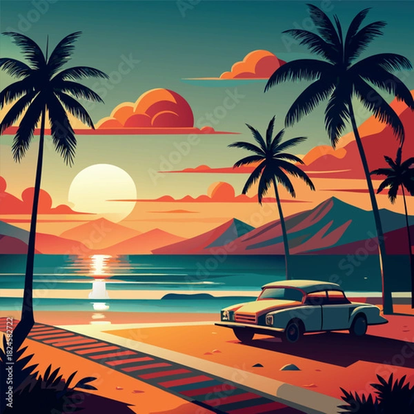 Obraz Retro synthwave sunset over tropical ocean with palm trees and mountains.