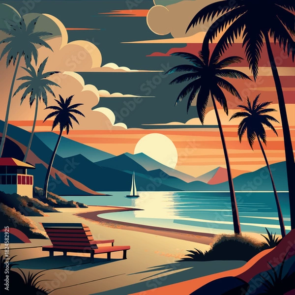 Obraz Retro synthwave sunset over tropical ocean with palm trees and mountains.