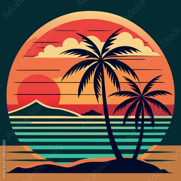 Obraz Retro sunset beach scene with palm tree and beach hut.