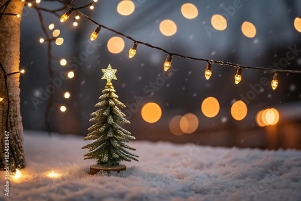 Fototapeta Cozy miniature christmas tree in snow with warm string lights