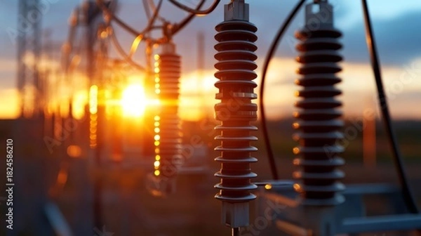 Obraz High voltage power substation at golden hour sunset