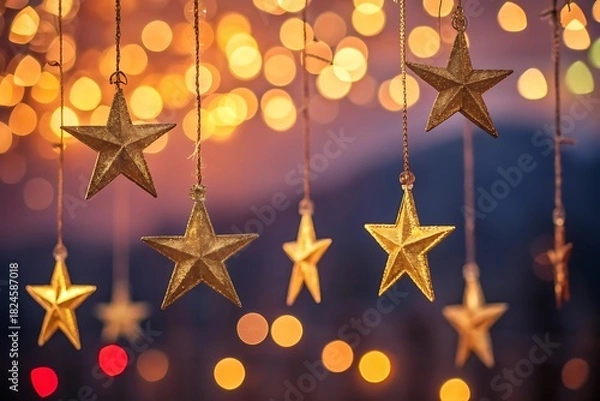 Obraz Golden hanging stars, vibrant bokeh lights, festive holiday glow.