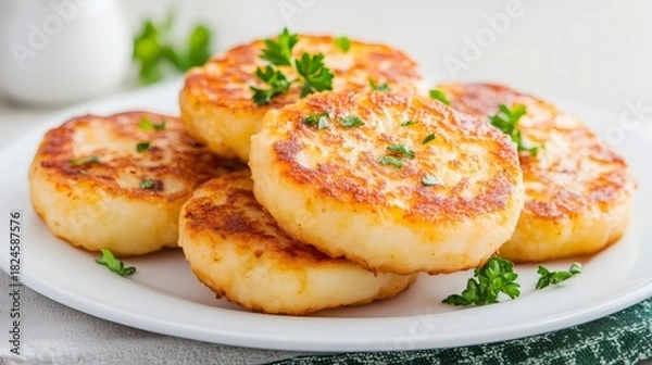 Obraz Crispy golden potato pancakes with fresh parsley
