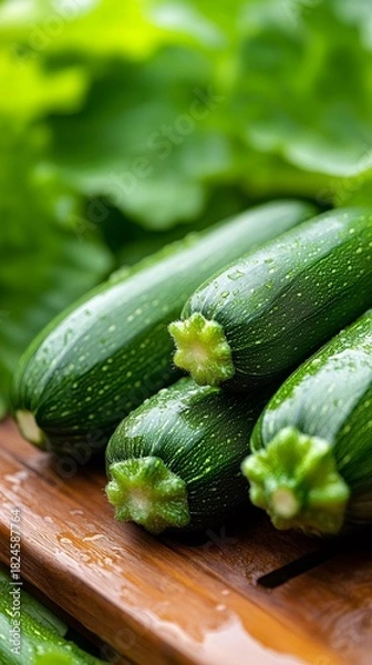 Obraz Fresh green zucchini featuring water drops and healthy eating