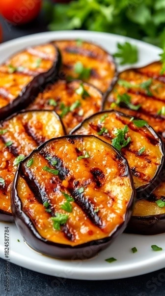 Obraz Grilled eggplant slices serving delicious vegetarian appetizer
