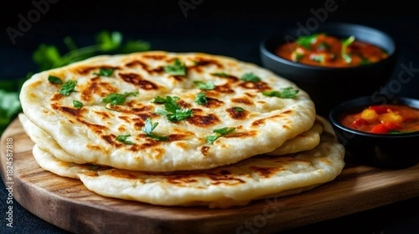Obraz Naan bread with Indian curry dipping sauces