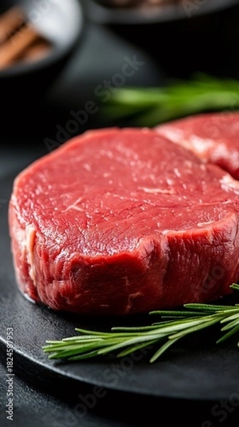 Obraz Uncooked beef filet mignon with rosemary sprig
