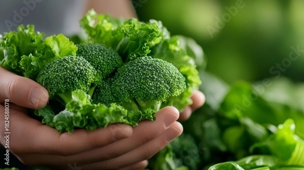 Obraz Hands holding fresh organic broccoli and kale
