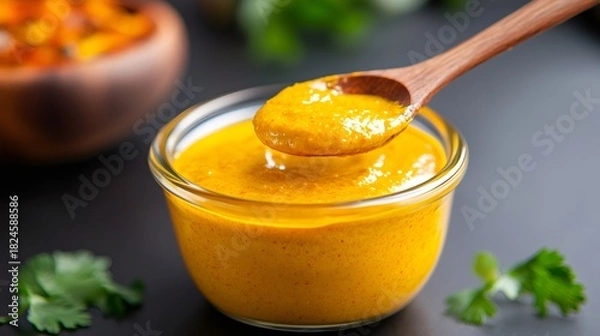 Obraz Yellow curry sauce pouring from a wooden spoon