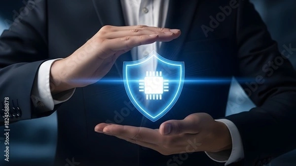 Fototapeta Data security concept with glowing shield and microchip in hands.