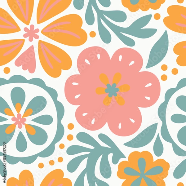 Obraz Retro floral pattern with stylized flowers and leaves in warm colors.