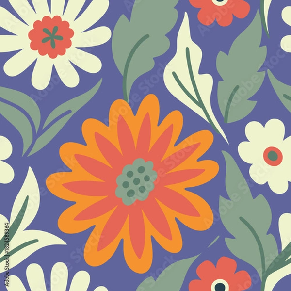 Obraz Retro floral pattern with stylized flowers and leaves in warm colors.