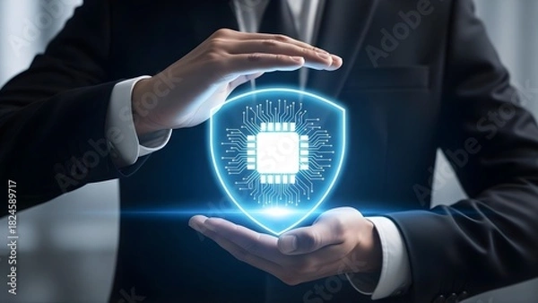 Fototapeta Data security concept with glowing shield and microchip in hands.