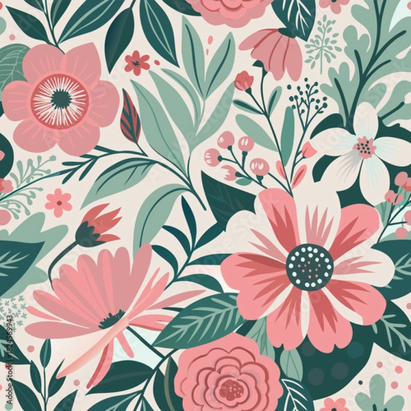 Obraz Retro floral pattern with stylized flowers and leaves in warm colors.