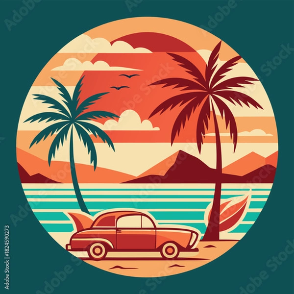 Obraz Retro sunset beach scene with palm tree and beach hut.
