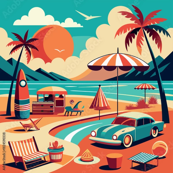 Obraz Retro car and sailboat on a tropical beach at sunset with palm trees.