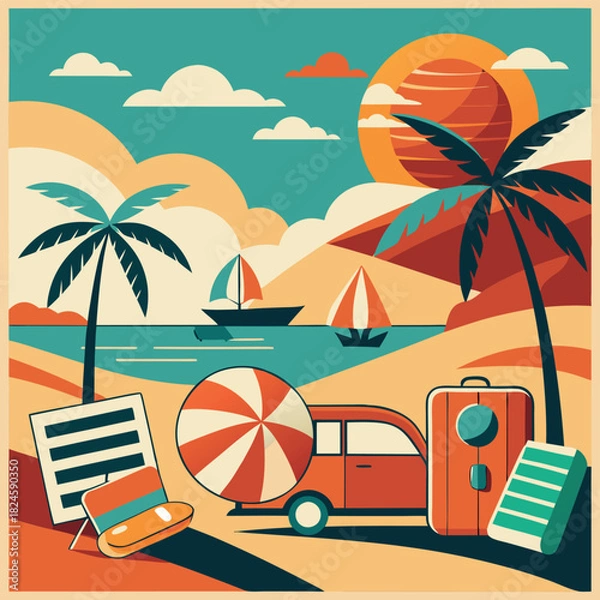 Obraz Vibrant beach scene with palm trees lounge chairs and a vintage car.