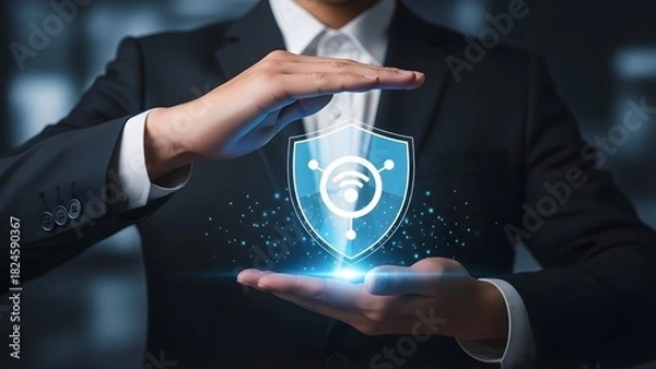 Fototapeta Digital network security protection in businessman hands