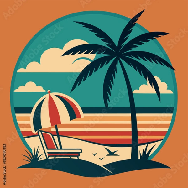 Obraz Vibrant beach scene with palm trees lounge chairs and a vintage car.