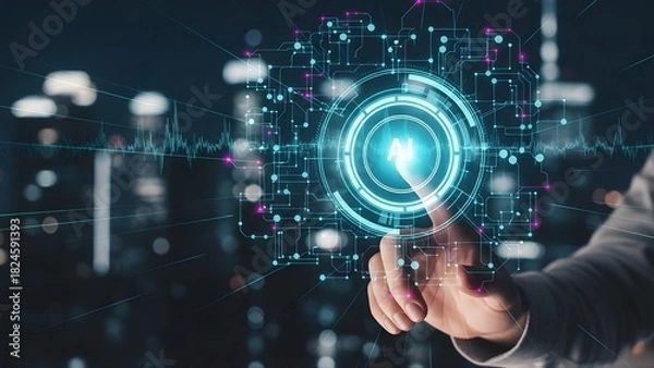 Fototapeta Hand touching ai symbol in digital network, representing smart tech