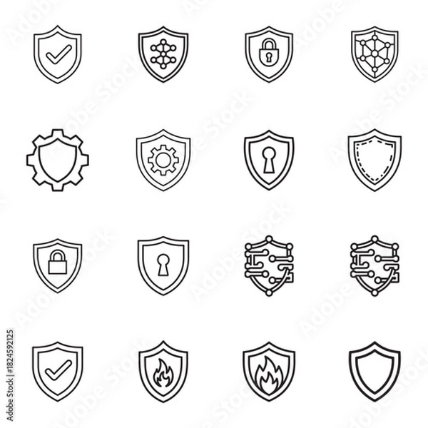 Obraz Cybersecurity icon set with outline style and silhouette elements