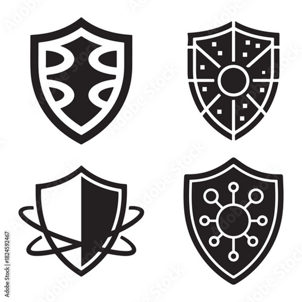 Obraz Modern quantum shield icon set featuring abstract geometric shapes and silhouette designs