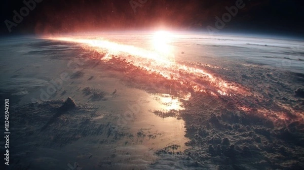 Fototapeta Astronomical Collision and Explosion in Space with Bright Light and Debris Field