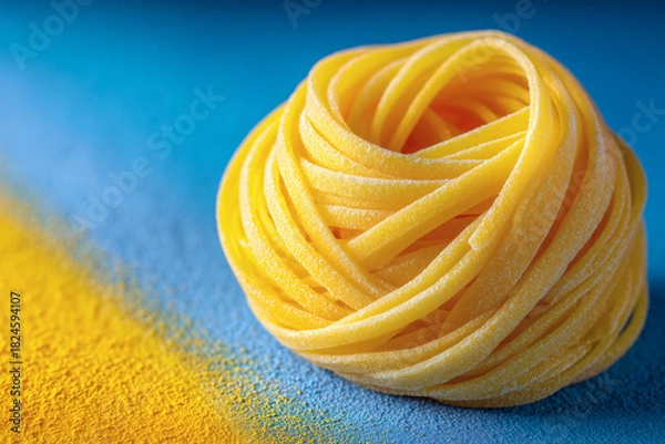 Fototapeta Nest of Raw Pasta on Blue and Yellow Background – Macro Food Ingredients