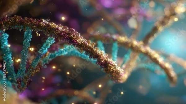 Fototapeta Close-up of a colorfully illuminated DNA double helix structure under a microscope