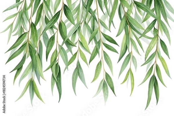 Fototapeta Watercolor green weeping willow leaves decorative border art