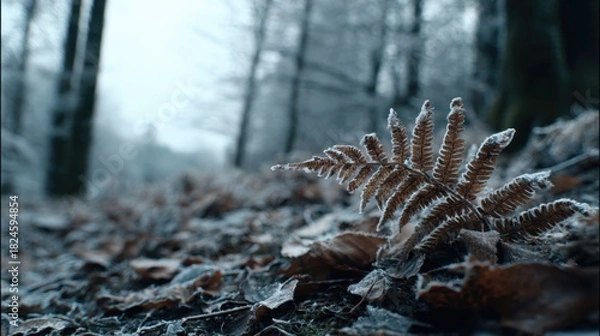 Fototapeta Winter Forest Scene with Frosted Fern and Leaf Litter on Cold Ground