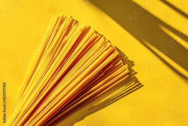 Fototapeta Spaghetti on Bright Yellow Background – Minimalist Food Composition with Long Shadows