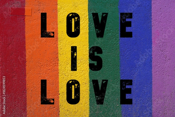Obraz love is love. words painted on a wall in the colors of the rainbow flag