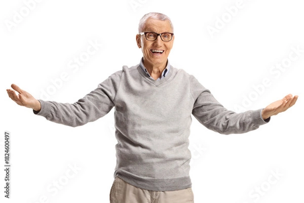 Fototapeta Elderly gentleman standing with a arms wide open and smiling