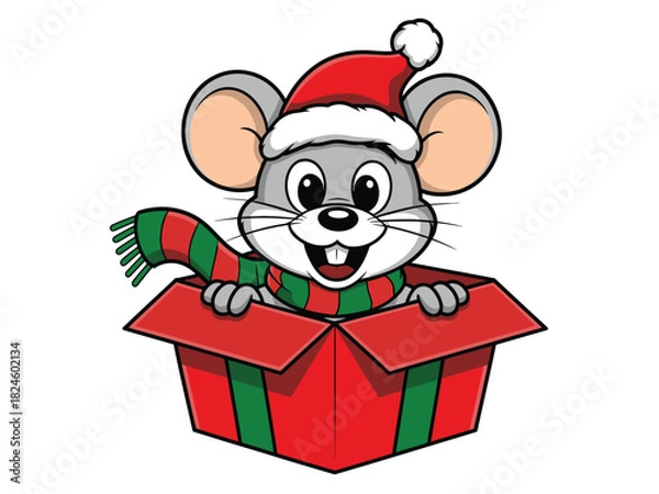 Fototapeta A cartoon mouse wearing a Santa hat and scarf pops out of a gift box.