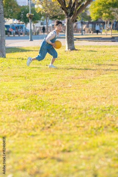 Obraz 公園でボールを持って駆ける小学生の女の子と明るい芝生の屋外風景