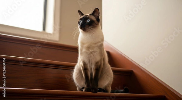 Obraz Elegant Siamese Cat Sitting Proudly on Wooden Stairs Near a Window