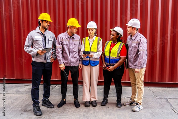 Fototapeta Happy diverse group of engineers workers checking inventory with tablet device in the container yard background. This is a freight transportation and distribution warehouse.