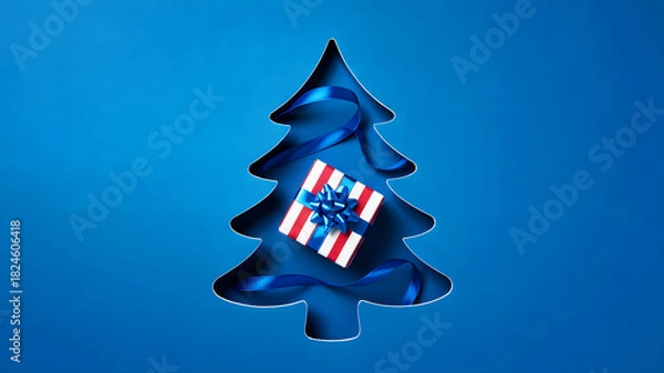 Obraz A christmas tree cutout with a wrapped gift and blue ribbon on a blue gradient background design