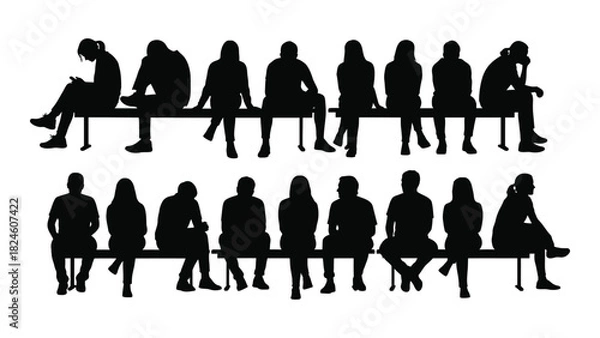 Obraz Silhouettes of people sitting on benches isolated on white background, Vector