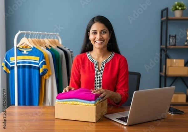 Obraz Smiling Indian woman entrepreneur managing online clothing store with laptop and inventory.