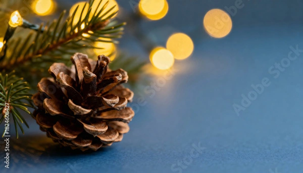 Fototapeta Pine branch with cone and warm fairy lights on blue background